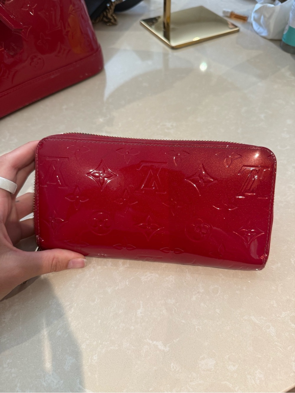 Louis Vuitton Vernis Burgundy Zip-Around Wallet with Gold Hardware